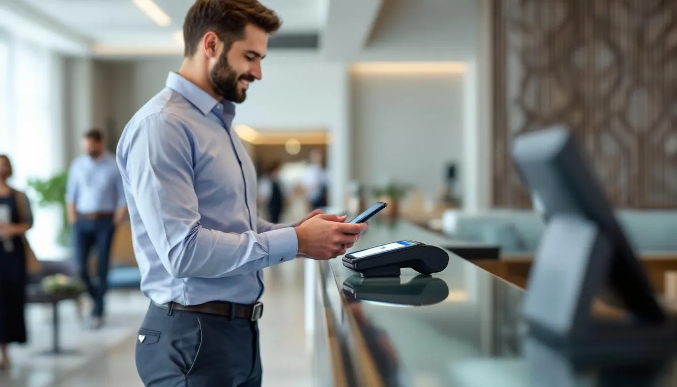 A hotel guest is using a smartphone to make a contactless payment at the front desk, showcasing a modern hotel payment system that facilitates quick and convenient transactions. This method allows guests to easily pay for their hotel stay using mobile payment solutions like Apple Pay or Google Pay, enhancing the overall guest experience.