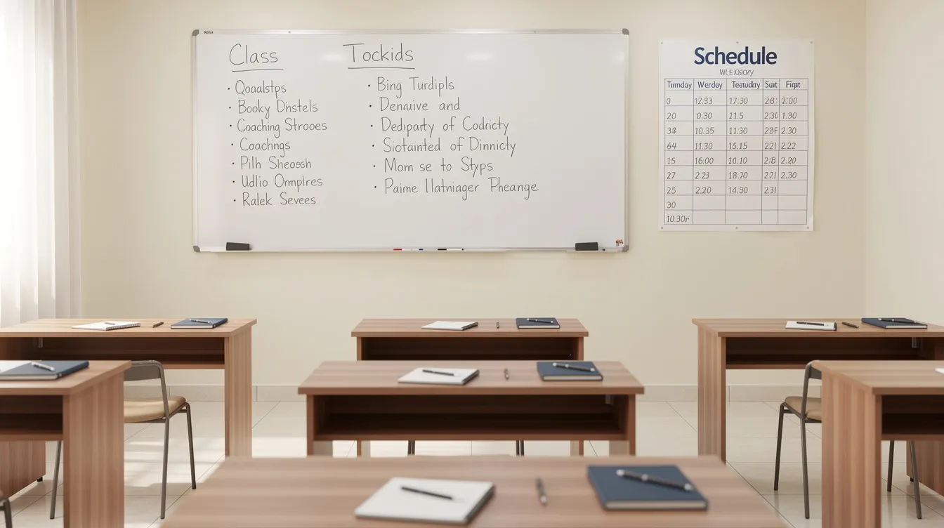 fa068cc4 560f 4009 a907 57985d2f560c The image depicts a small, organized coaching institute office featuring a whiteboard, neatly arranged desks, and a schedule prominently displayed on the wall. This setting reflects a conducive environment for learning and financial assistance related to mudra loans for eligible borrowers and micro enterprises.