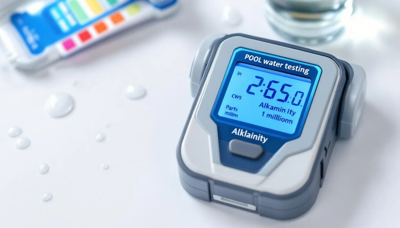 A digital pool water testing kit is displayed, showing a clear reading of the swimming pool's total alkalinity measurement. This device helps pool owners monitor alkalinity levels to maintain the ideal pH balance and prevent cloudy swimming pool water.