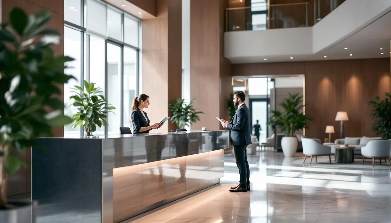 The image depicts a modern hotel lobby bustling with guests checking in at a sleek reception desk, showcasing a welcoming atmosphere that enhances the guest experience. The stylish decor and comfortable seating areas invite visitors to relax while they prepare for their stay, highlighting the importance of a well-designed hotel website for attracting more bookings through effective hotel SEO strategies.