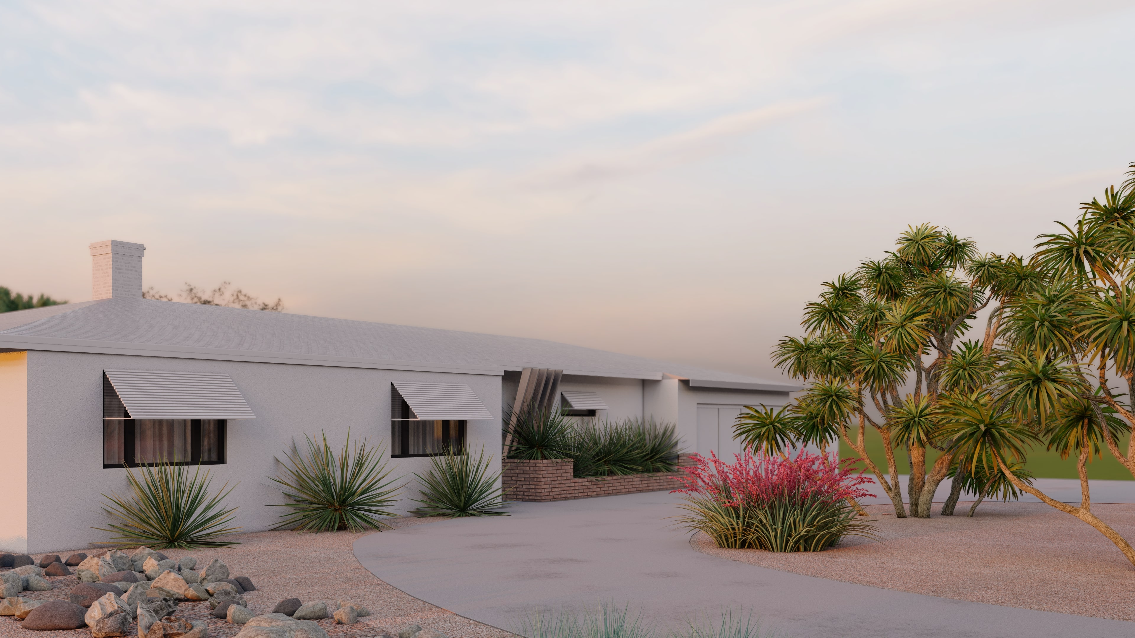 The gravel, flowers and succulents are a good example of a home with less upkeep 