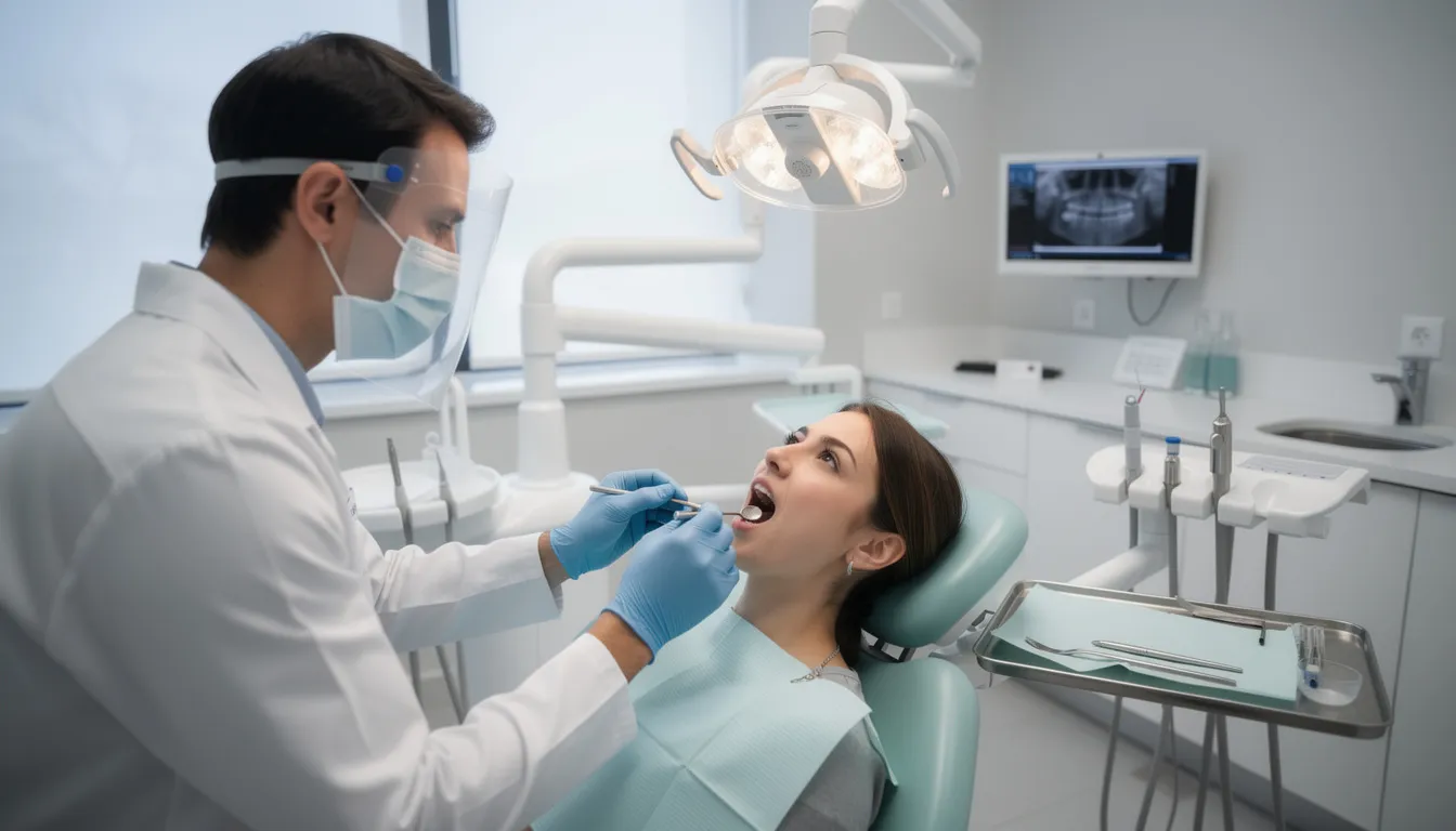 A patient is seated in a modern dental office, undergoing a dental examination by a dentist, highlighting the importance of routine dental visits for maintaining good oral health and preventing dental problems such as tooth decay and gum disease. The environment is clean and equipped with dental tools, emphasizing the significance of regular dental checkups for overall health.