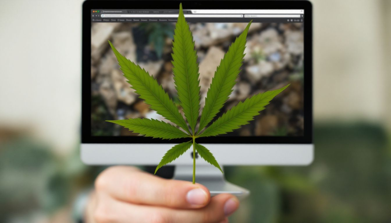 Finding licensed medical cannabis businesses in Kentucky, illustrated with a blurred image of a cannabis dispensary storefront.