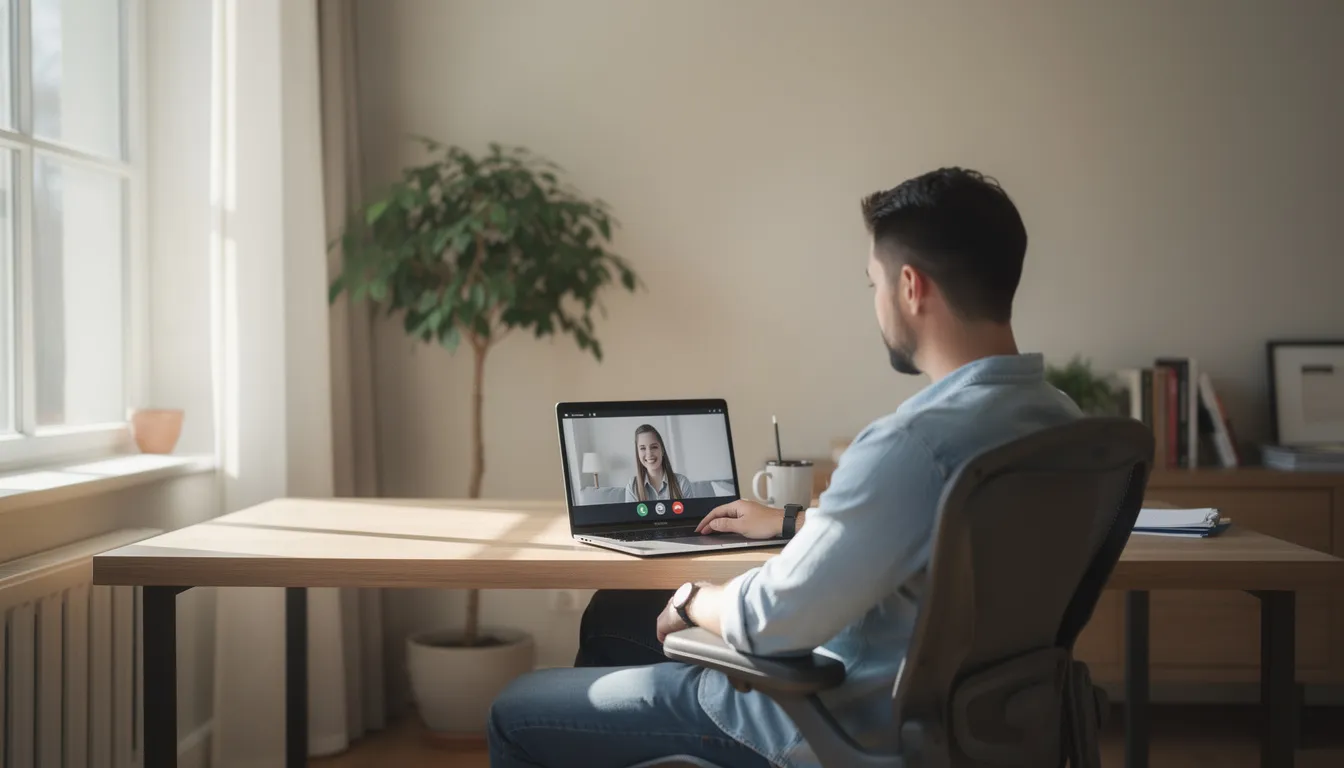 A person is sitting comfortably in a well-lit home office, engaged in a video call on their laptop, which suggests they may be participating in virtual therapy sessions or online treatment for mental health challenges. The natural light streaming through the window enhances the inviting atmosphere of this space, ideal for focused discussions and meaningful progress in their healing journey.