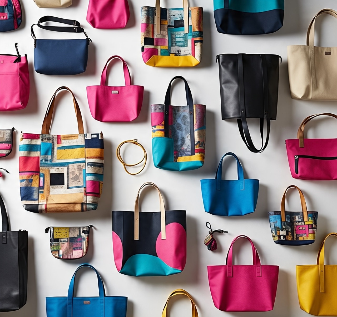 A variety of tote bags in different styles, colors, and sizes, including canvas, leather, and fabric options, displayed neatly on a white background.