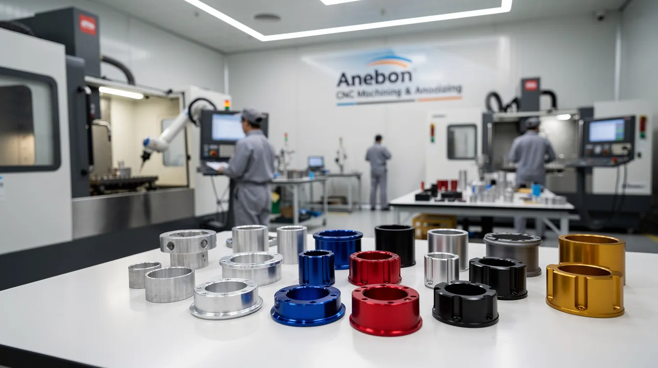 The image showcases Anebon's CNC machining and anodizing capabilities, highlighting precision CNC machined aluminum parts that exhibit enhanced corrosion resistance and durability. The anodized surfaces, created through an electrochemical process, provide improved wear resistance and a variety of decorative finishes suitable for demanding applications in industries such as automotive and aerospace.