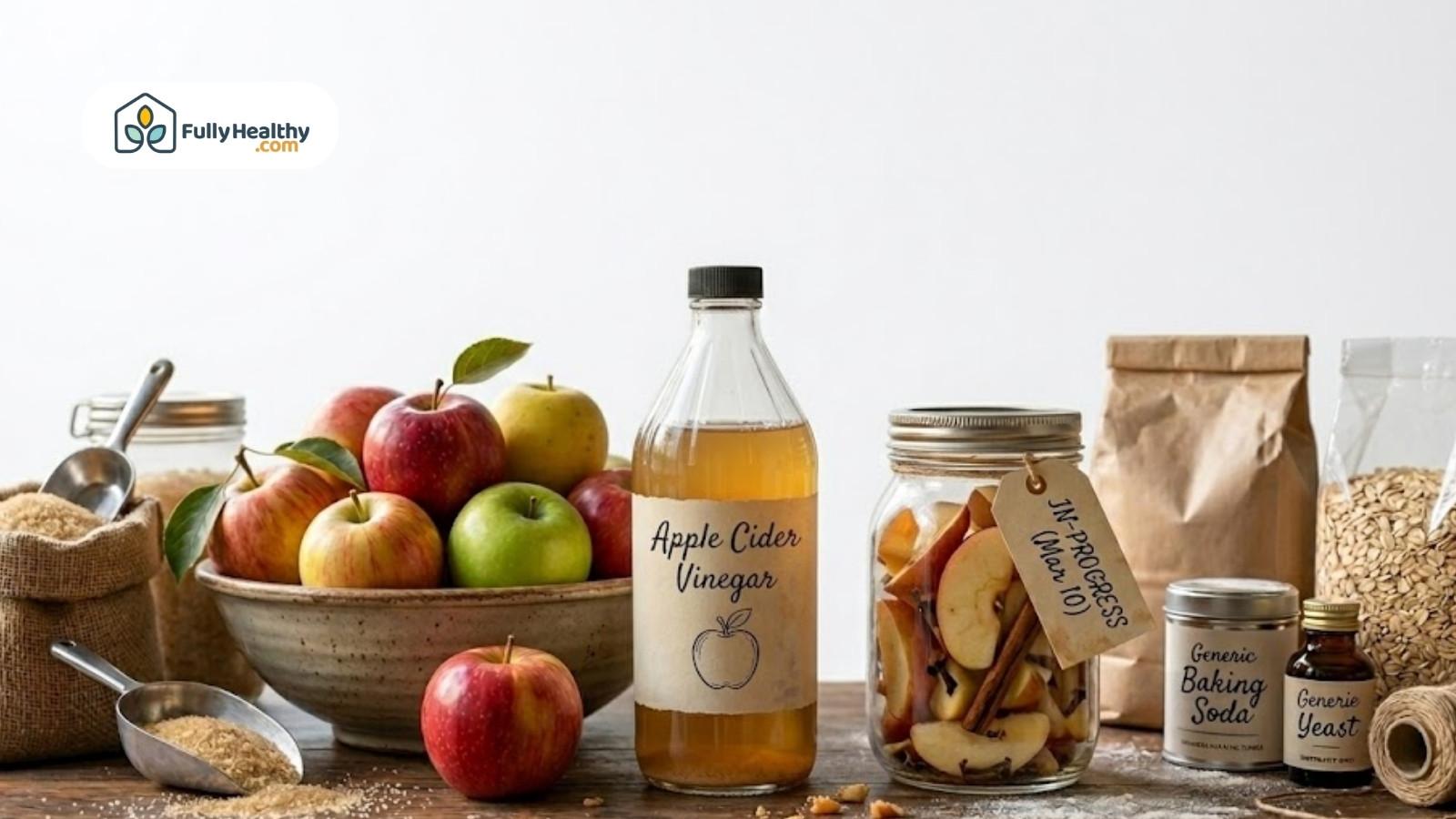 Apple cider vinegar bottle with fresh apples and ingredients