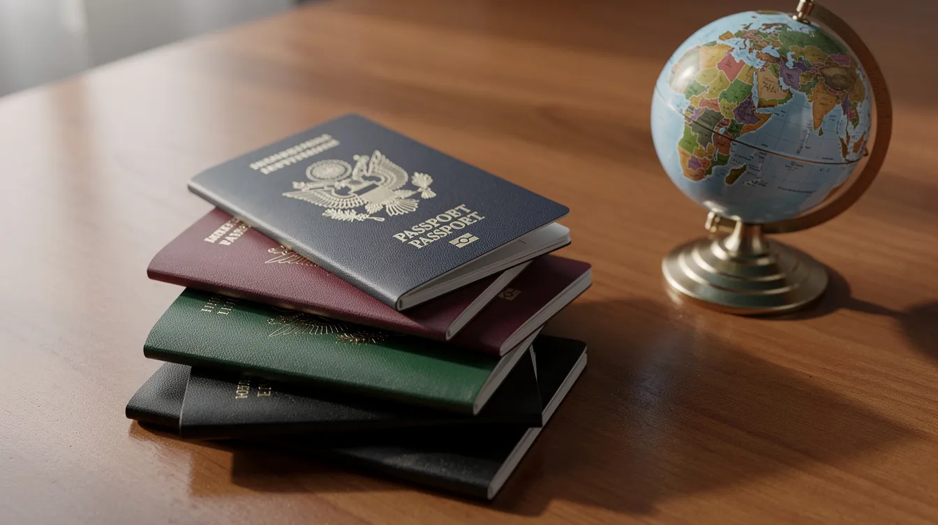 The image shows a collection of international passports stacked neatly on a wooden desk alongside a small globe, symbolizing the concept of dual or multiple citizenship. This visual representation highlights the complexities of acquiring Pakistani citizenship and the various nationality arrangements that exist for individuals holding multiple nationalities.