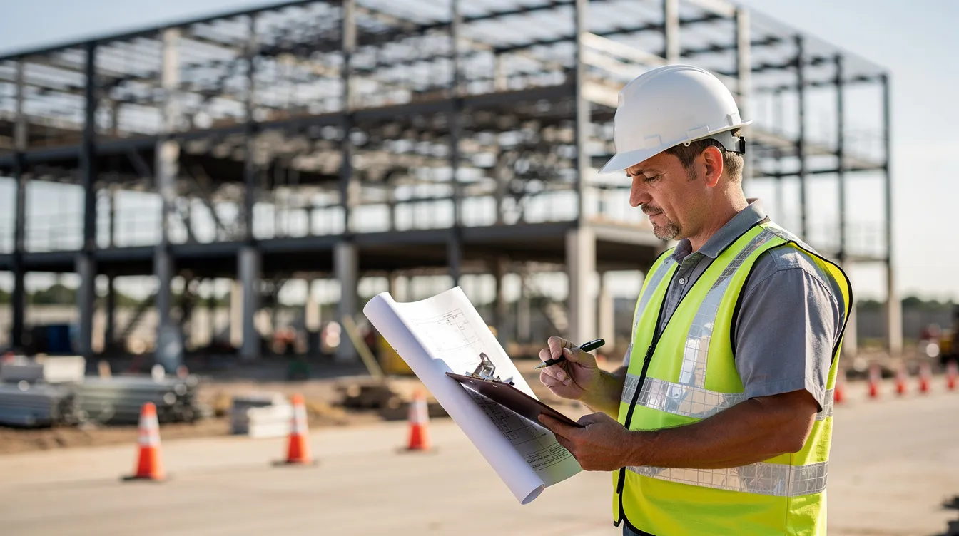 A construction superintendent stands at a commercial job site, reviewing inspection documents while steel framing looms in the background. This scene highlights the importance of quality control procedures and maintaining quality standards throughout the construction process.