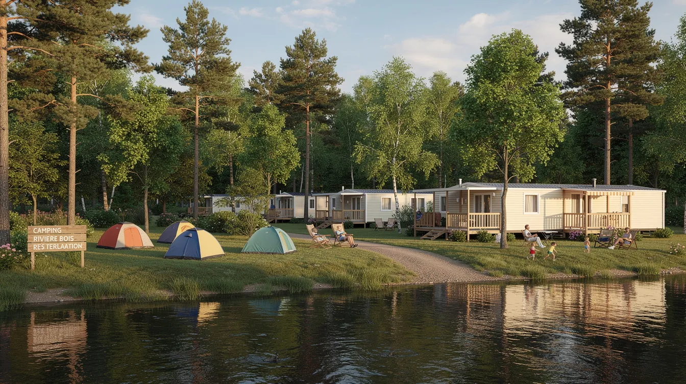 Une vue d'un camping paisible, avec des mobil-homes et des emplacements pour tentes, niché dans un environnement boisé au bord d'une rivière. Ce site offre un cadre naturel idéal pour des vacances, tout en intégrant des systèmes d'assainissement non collectif pour le traitement des eaux usées.