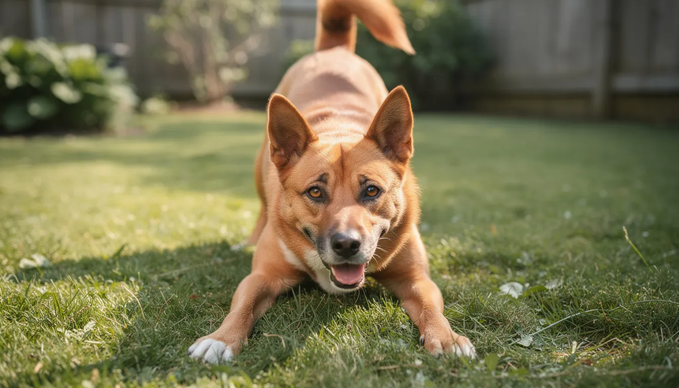 Na obrazku widać psa w pozycji zabawy, z uniesionymi przednimi łapami i zadartym zadem, co jest typowym sygnałem radości i zaproszeniem do zabawy. Jego ogon macha, a oczy są szeroko otwarte, co wskazuje na emocje i zrozumienie mowy ciała psa.