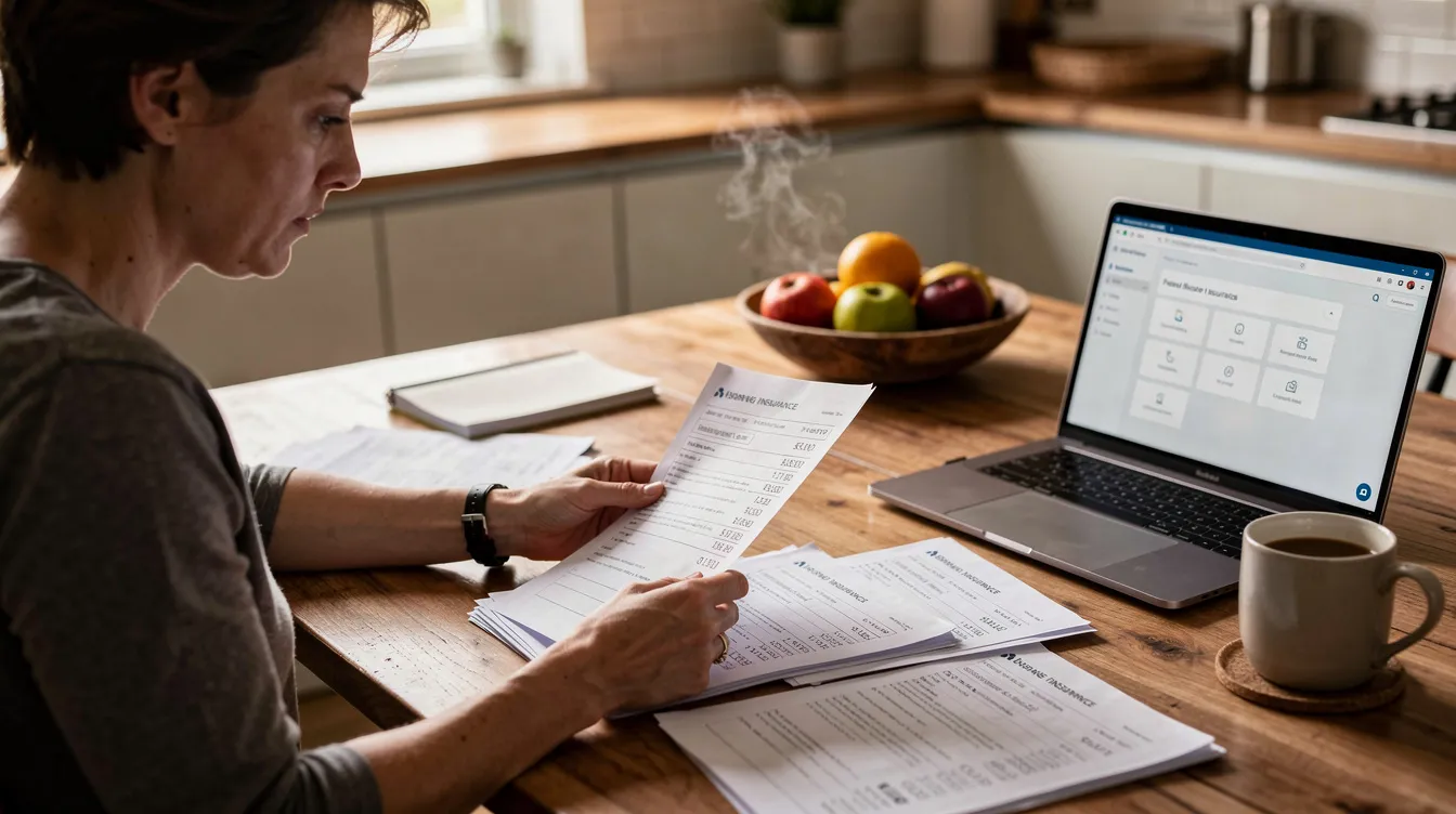 A parent is seated at a kitchen table, reviewing insurance paperwork on a laptop, with a cup of coffee nearby. The scene reflects the importance of understanding health insurance plans for accessing mental health services, including online therapy options.
