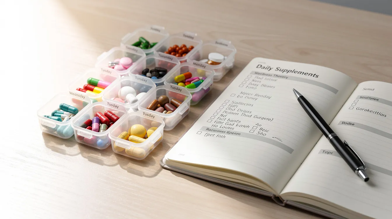 The image features neatly organized daily supplement containers alongside a tracking journal, emphasizing the importance of proper vitamin D supplementation and other health benefits. This setup reflects a commitment to maintaining cognitive function and overall wellness, as discussed by Rhonda Patrick in her research on supplements and healthy aging.