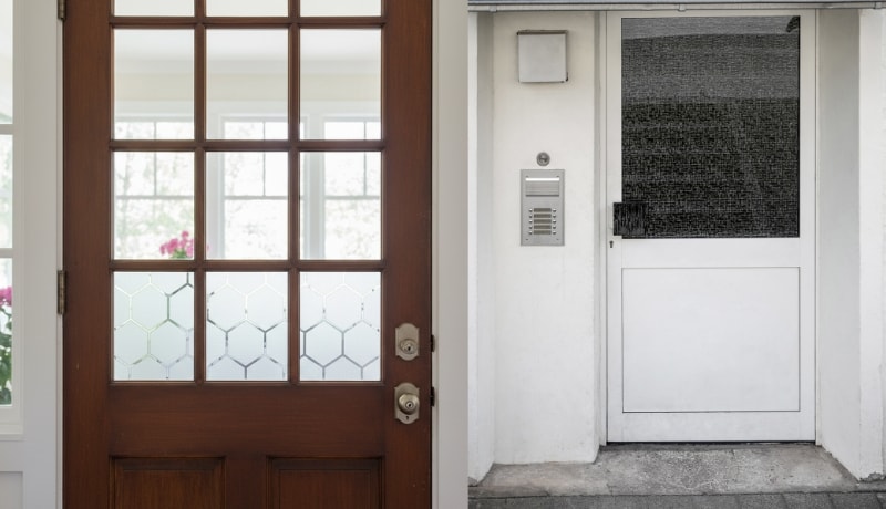 Cafe door with decorative window film for privacy
