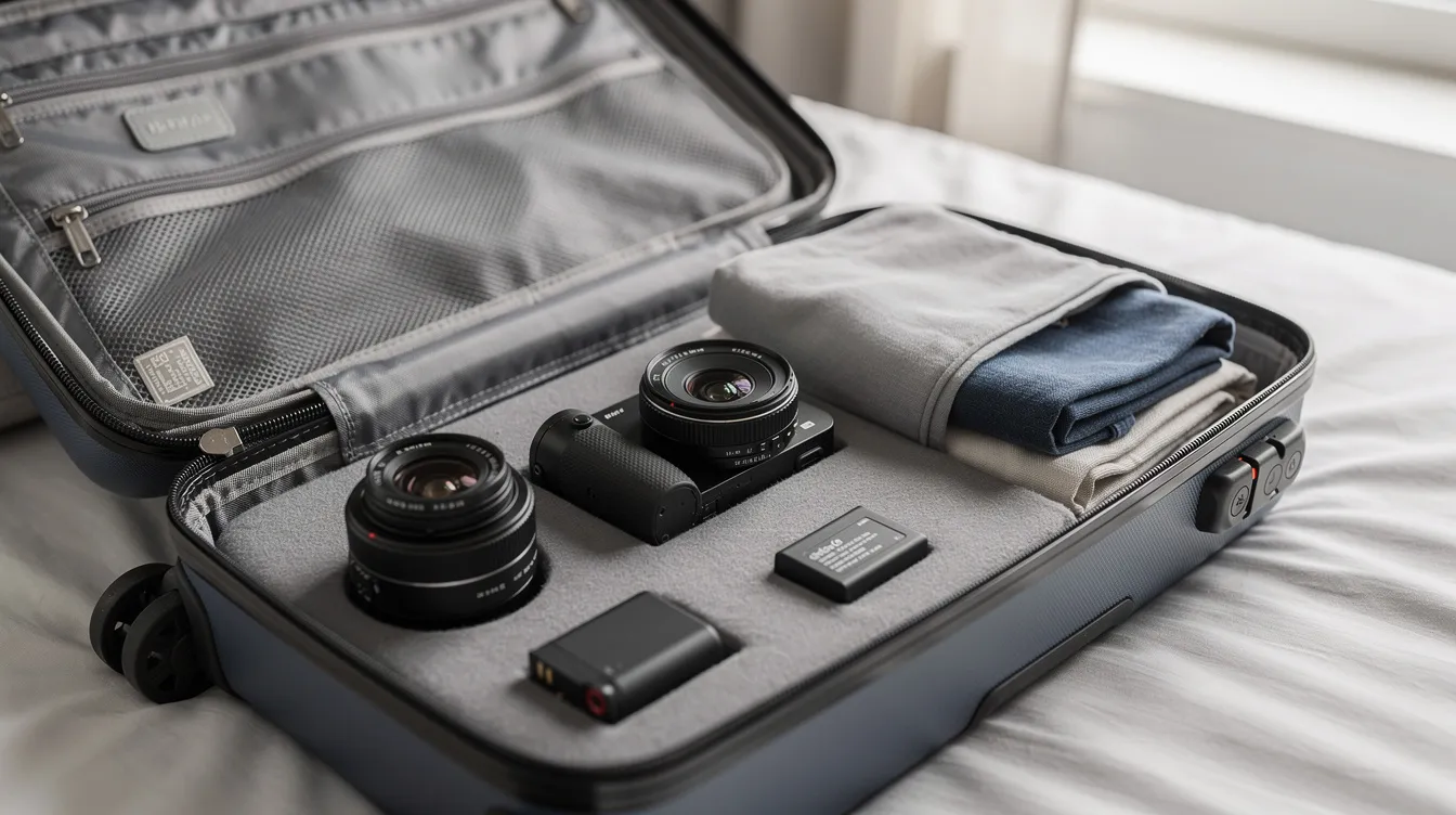Ein offener Handgepäck-Koffer zeigt ein kompaktes Kamera-Setup mit einer kleinen spiegellosen Kamera, einem Reisezoom-Objektiv und einem Ersatzakku, die ordentlich verstaut sind. Dieses Equipment ist ideal für Reisen und besondere Anlässe wie Hochzeiten oder Urlaubsfotografie.