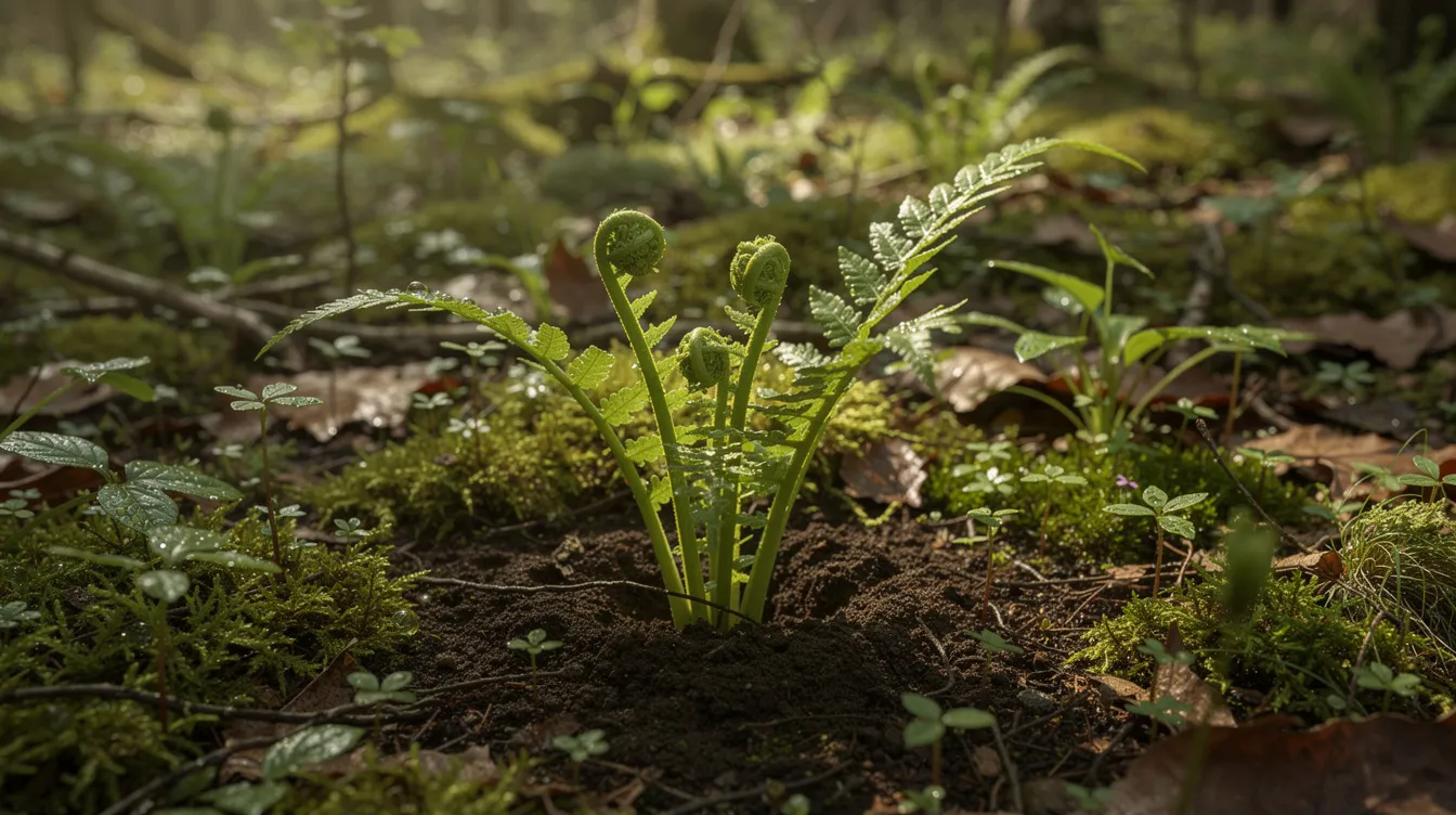 The image depicts a dense green forest floor, where new fern shoots are unfurling from the rich soil, symbolizing natural growth and vitality. This scene reflects the potential health benefits of nature, akin to how lion's mane mushrooms, known for their ability to stimulate nerve growth factor, can support brain health and cognitive function.