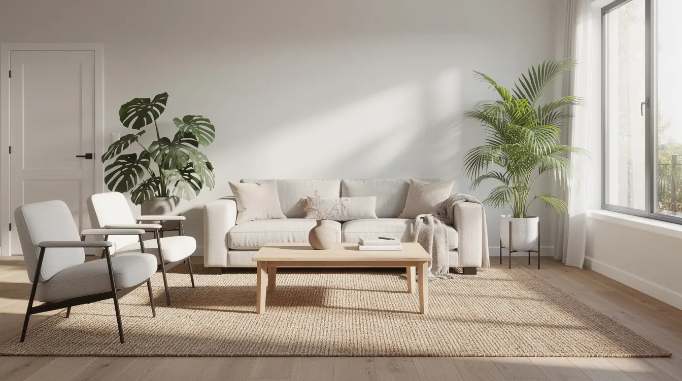 The image depicts a bright and airy vacant living room that has been professionally staged with modern neutral furniture, a woven area rug, and potted tropical plants near a window, creating an inviting atmosphere that appeals to potential buyers. This well-maintained space showcases the benefits of staging services, helping to attract buyers and sell the home quickly.