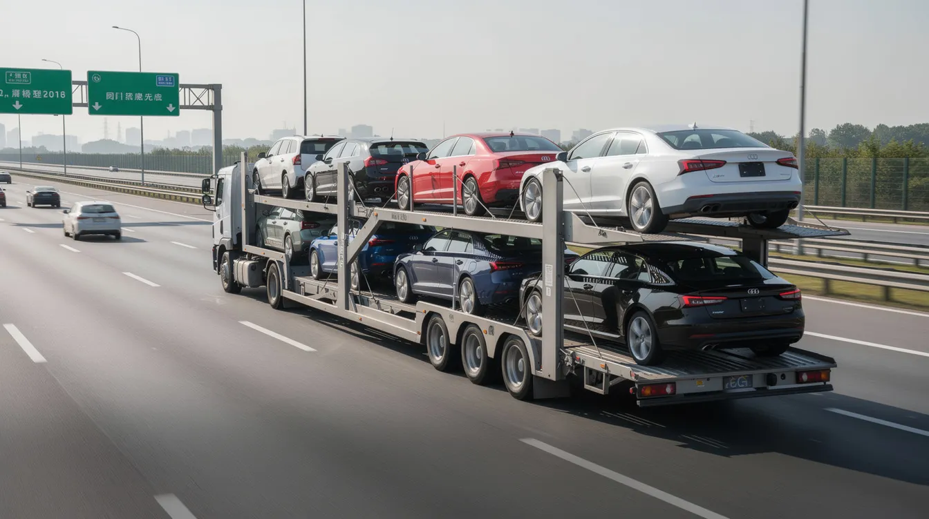 A multi-level car carrier truck is seen traveling on a highway, loaded with various sedans and SUVs, showcasing the efficient transport of rental vehicles. This vehicle shipment highlights the modern fleet used by rental car companies to ensure customer satisfaction and safe delivery to new destinations.