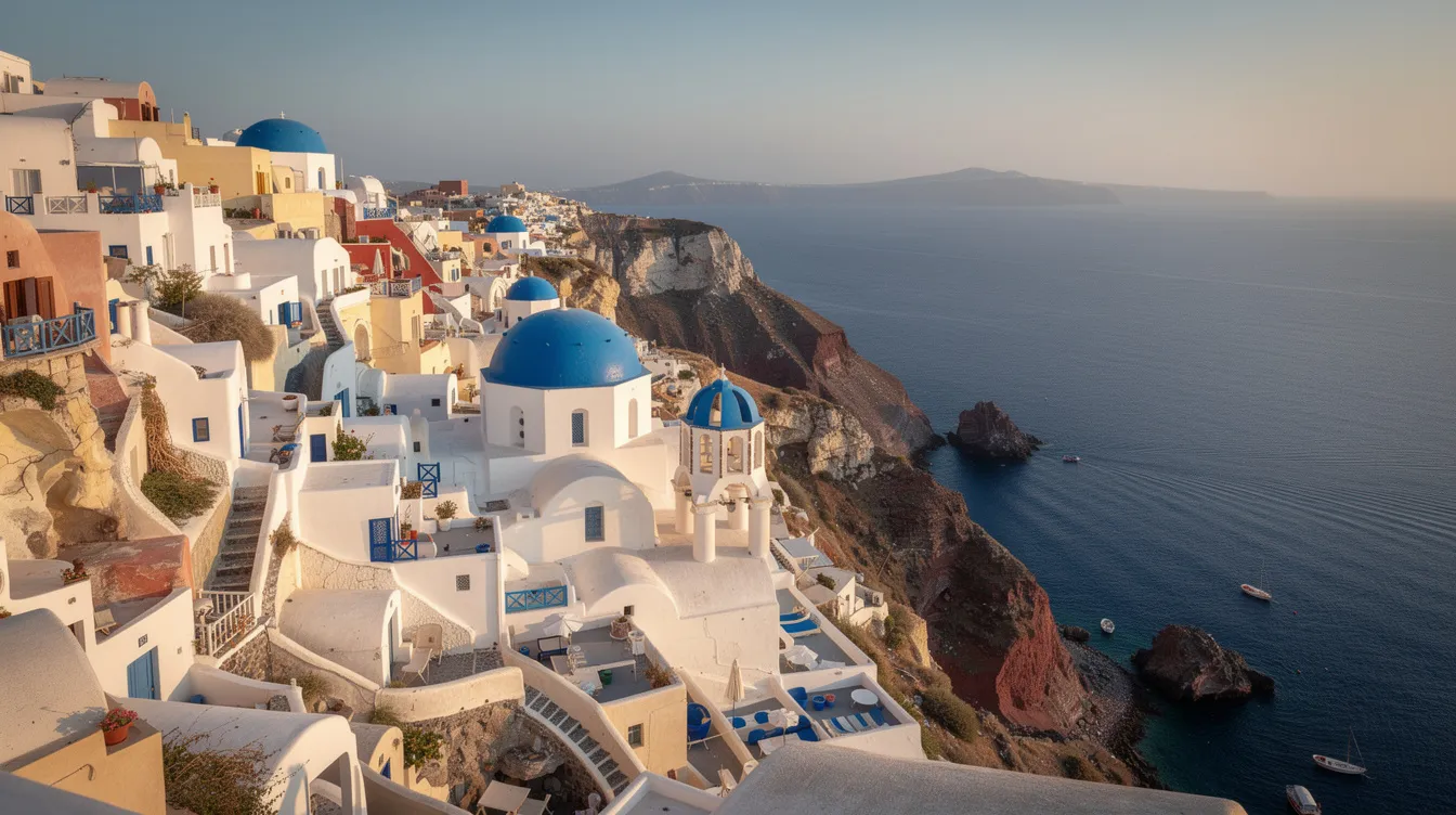 A imagem retrata edifícios brancos com cúpulas azuis, dispostos em cascata ao longo de falésias, com vista para um mar azul calmo, evocando a beleza das ilhas da Grécia. Este cenário é um convite para uma viagem inesquecível, repleto de cultura e história.