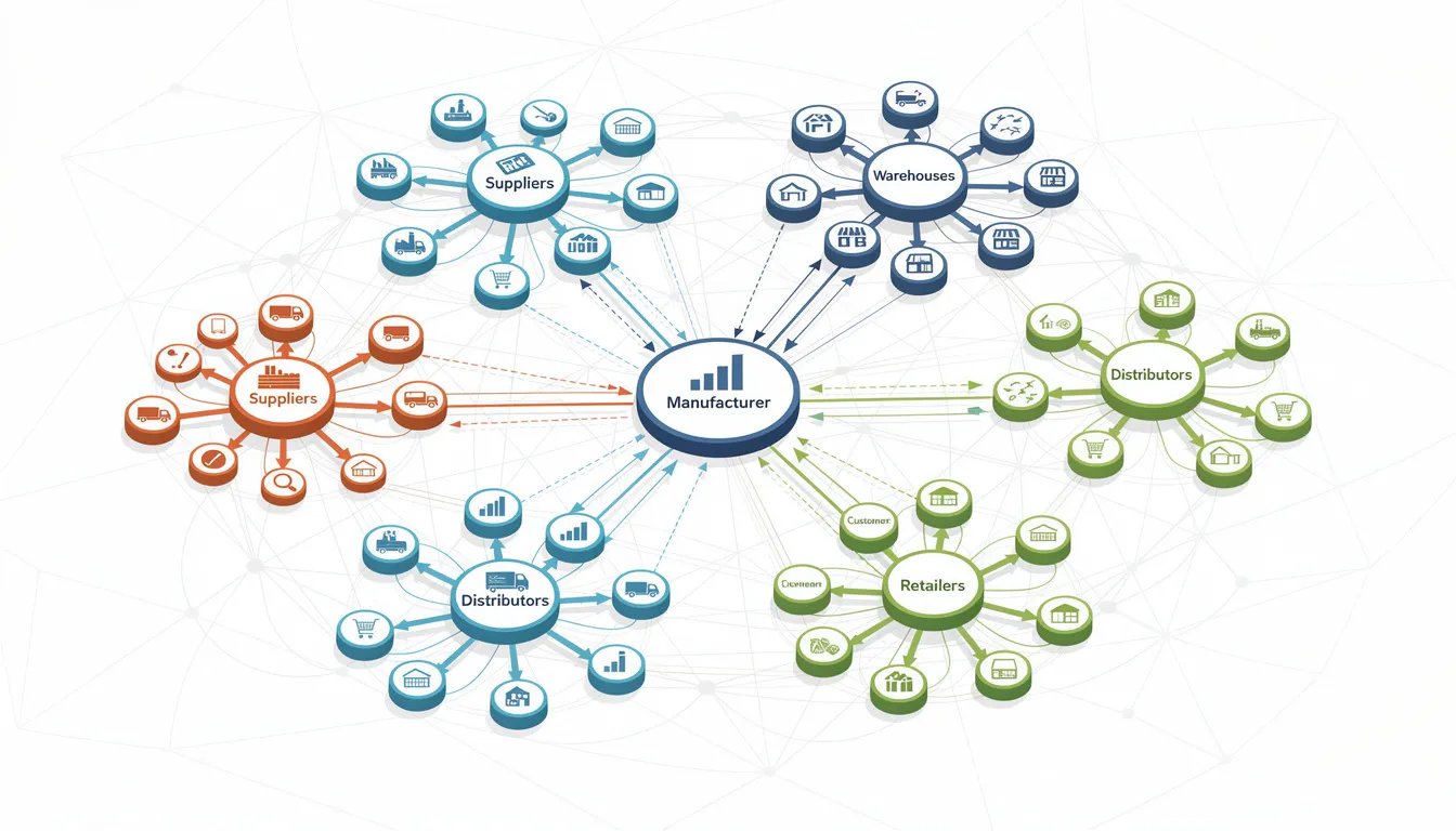 The image depicts a complex network diagram illustrating interconnected nodes that represent various supply chain relationships, highlighting the importance of supply chain visibility and transparency in managing global operations. This visual emphasizes how achieving full supply chain transparency can enhance supplier performance and improve risk management.