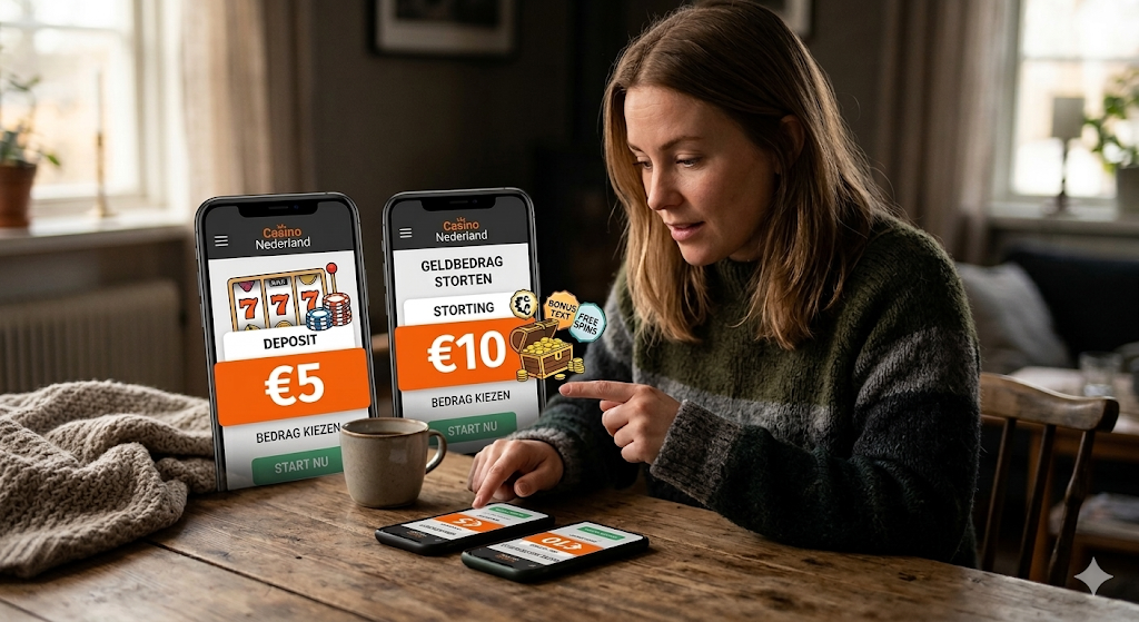 Speler kiest een 5 euro deposit casino op mobiel, voorbeeld van een online casino met minimale storting van 5 euro, waar nieuwe spelers een kleine storting kunnen doen en een bonus kunnen claimen bij legale online casino’s.