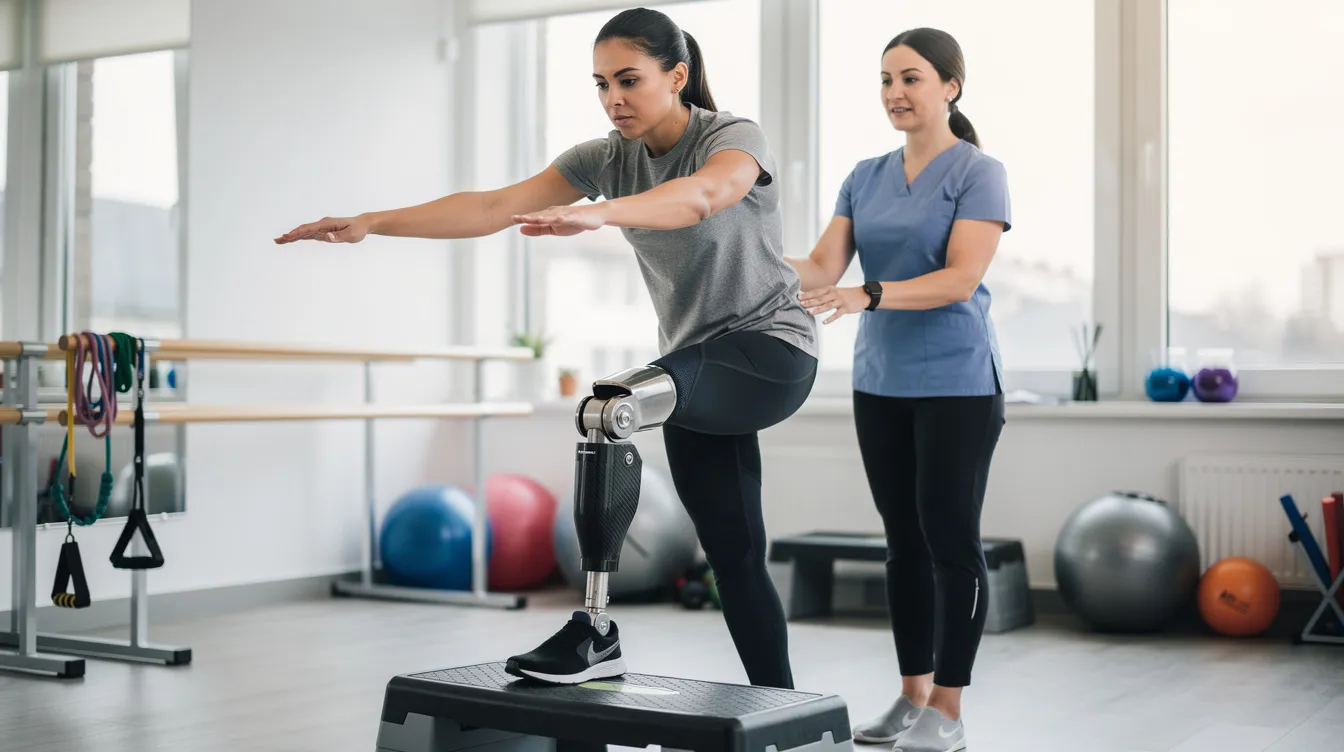 The image depicts a person engaged in rehabilitation exercises while using a prosthetic leg, highlighting the physical and emotional challenges faced after a traumatic amputation. This scene illustrates the ongoing medical treatment and extensive rehabilitation necessary for recovery following a catastrophic injury, such as those resulting from car accidents or workplace accidents.