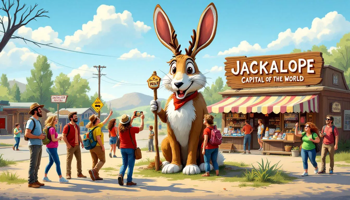 Tourists engaging with jackalope-themed attractions in a local area.