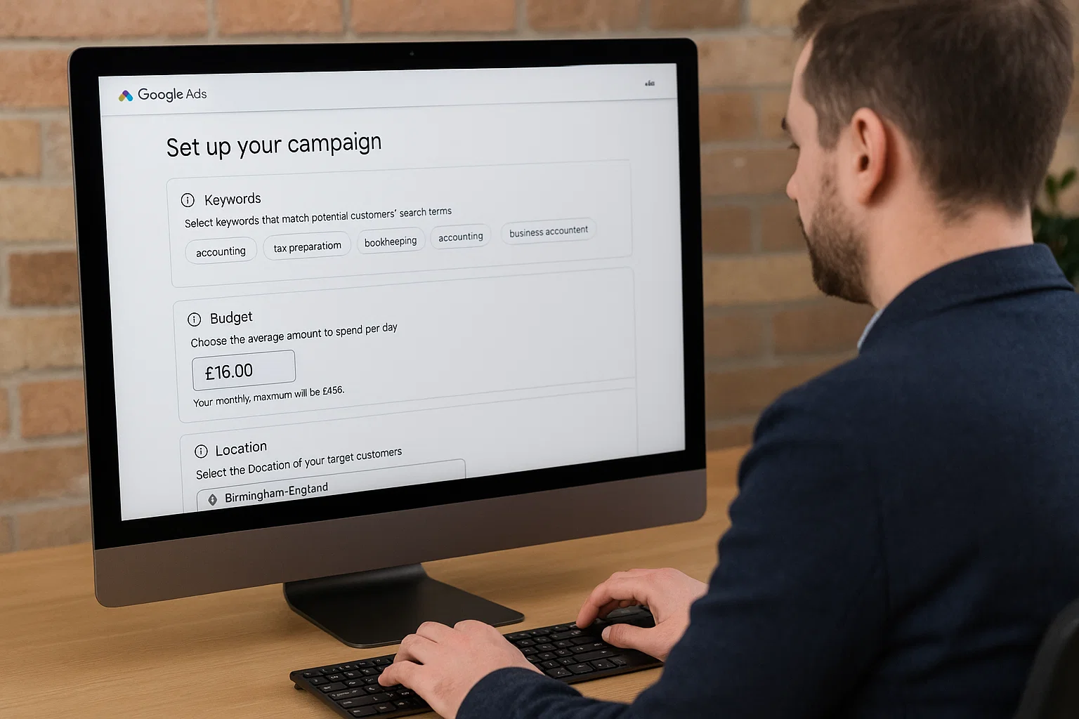Business owner setting up a Google Ads campaign with keywords and targeting options on screen.