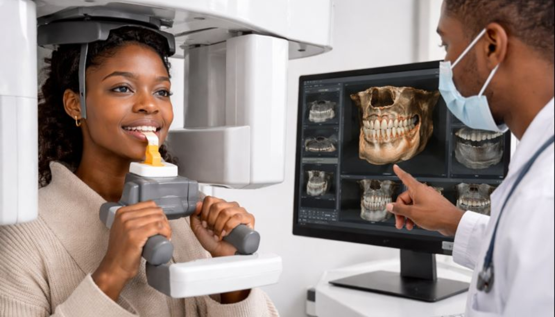 Pasient gjennomfører CBCT-skanning hos tannlege, gir tredimensjonal oversikt over tenner, kjeve og beinstruktur.