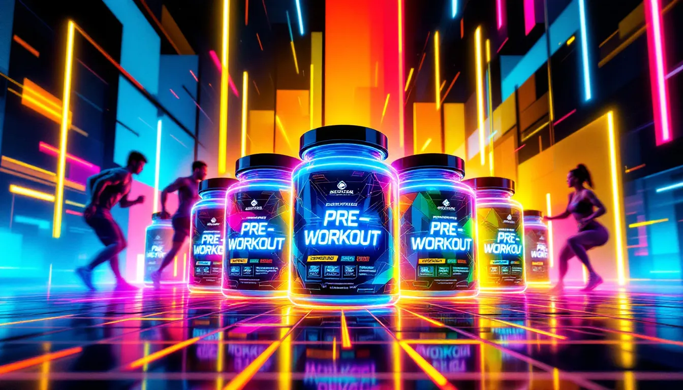 An array of flavored high stimulant pre workout supplements.