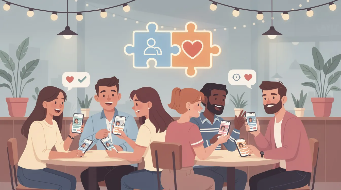 The image depicts a couple sitting together, engaged in a fun and light-hearted conversation as they explore their love compatibility through a love calculator. They are surrounded by notes and charts that represent their compatibility scores, highlighting their shared interests and communication styles, indicating a strong relationship and potential for a perfect match.