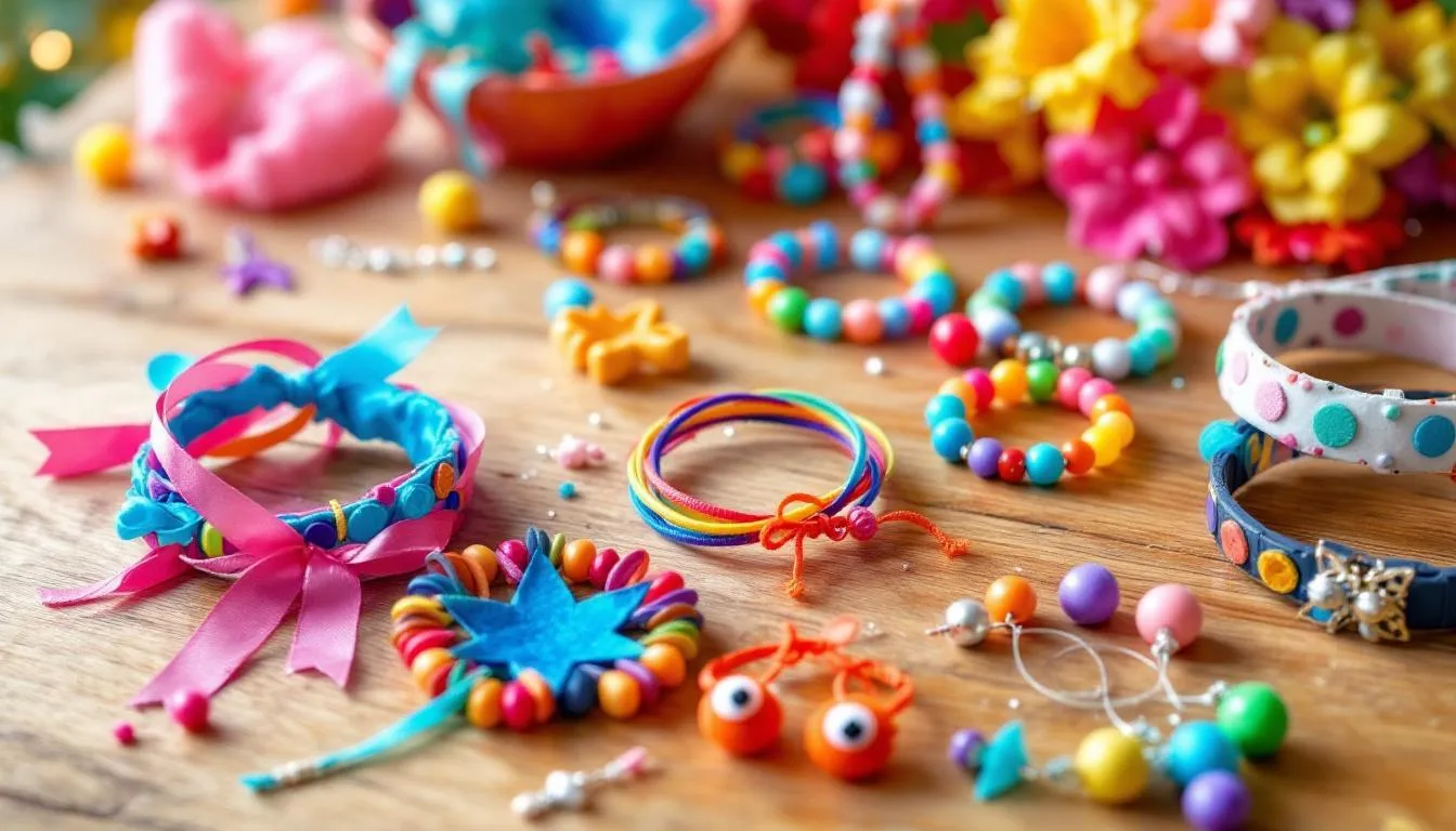 Colorful DIY jewelry made by kids, perfect for gifting to family and friends during the holidays.