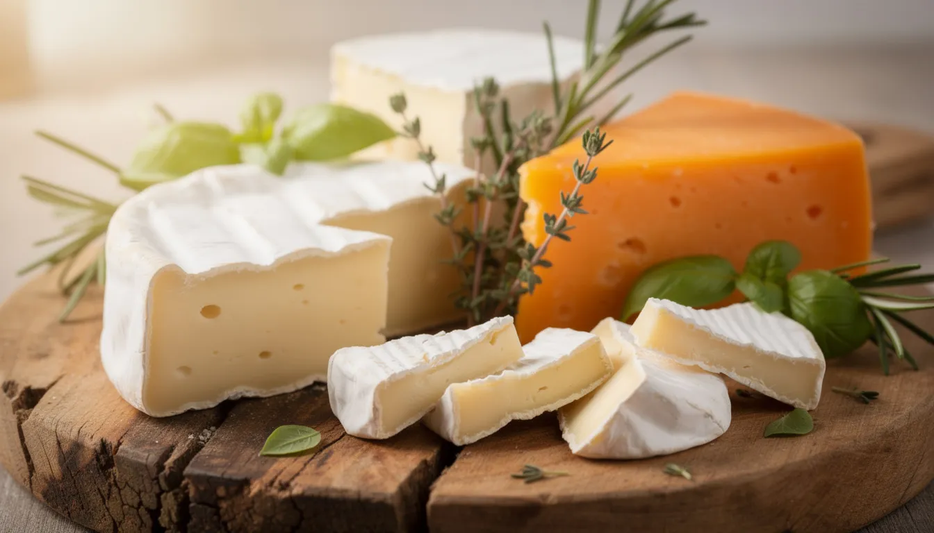 A close-up view of a cheese board featuring wedges of brie, aged cheddar, and soft goat cheese, beautifully arranged with fresh herbs. This gluten free charcuterie board is perfect for entertaining, showcasing various creamy cheeses and inviting flavor profiles.
