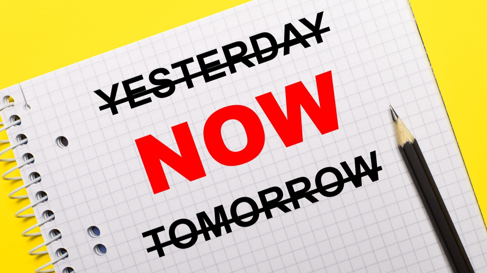 A notebook page shows the words “YESTERDAY” and “TOMORROW” crossed out, with “NOW” in bold red letters—emphasizing the urgency for businesses to replace POTS phone lines immediately before they fail or mess up essential services like phone systems, credit card processors fire safety systems, and more.