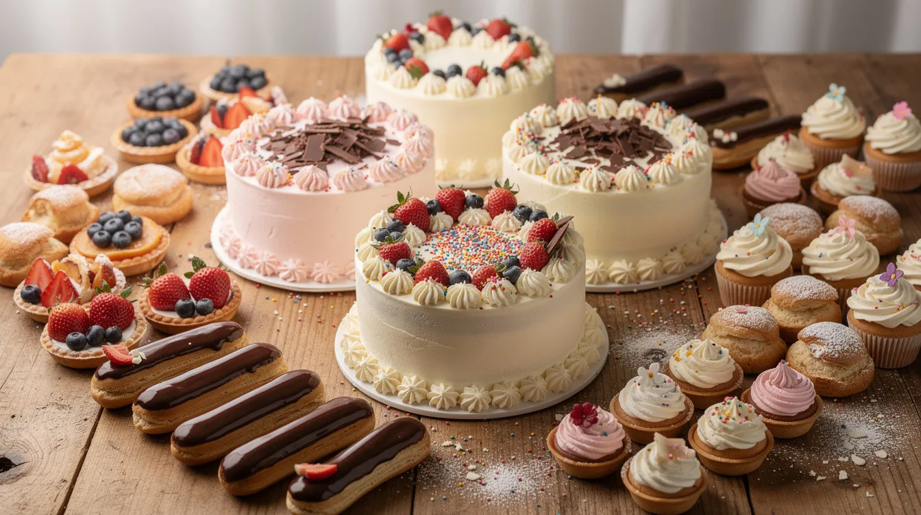 fa27bfb1 c095 4722 aeba 95648ba4faf2 The image features an array of freshly decorated celebration cakes and pastries beautifully arranged on a rustic wooden table, showcasing a variety of vibrant colors and intricate designs. This scene highlights the creativity and skill involved in the food business, appealing to food lovers and those interested in starting a home-based food venture.