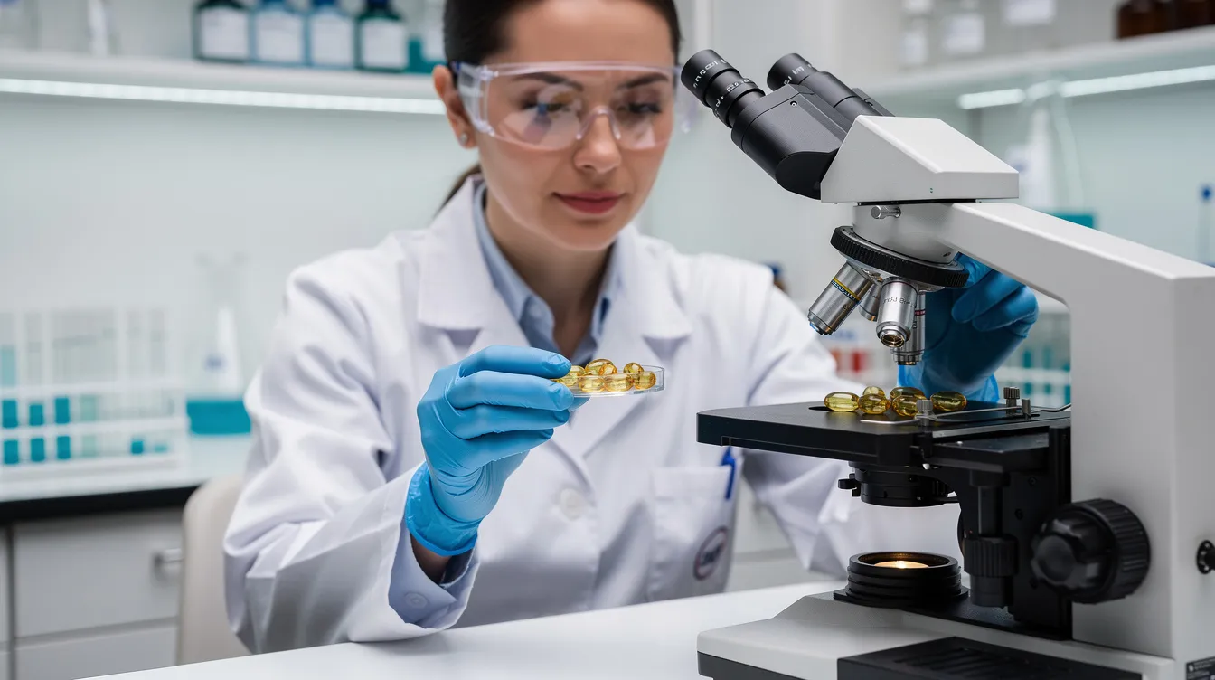 A laboratory scientist is closely examining a variety of supplement capsules under a microscope, focusing on key ingredients that support healthy aging and cellular health. The image highlights the importance of scientific research in developing anti-aging supplements that may improve mitochondrial function and overall longevity.