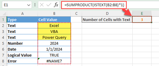 SUMPRODUCT and ISTEXT functions to count text cells