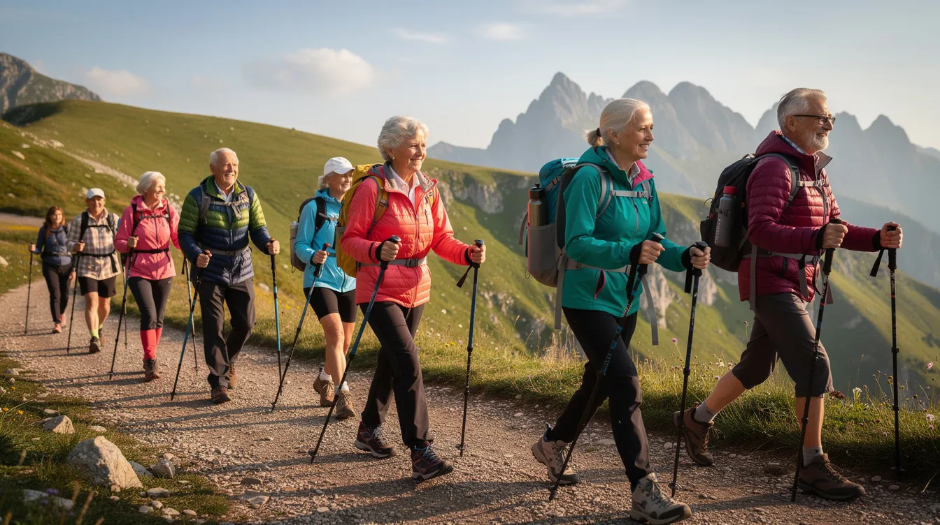 Na górskim szlaku spacerują seniorzy z kijkami Nordic Walking, ciesząc się aktywnym wypoczynkiem na świeżym powietrzu. Ich obecność symbolizuje zdrowy styl życia oraz wczasy dla seniorów w górach, które oferują liczne udogodnienia i możliwość relaksu.