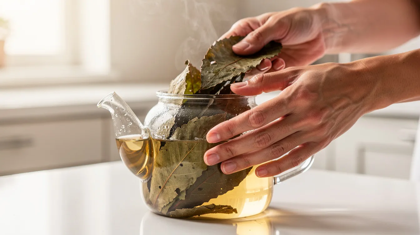 Brewing graviola leaf tea at home by placing whole organic soursop leaves into a clear glass teapot with steaming hot water.