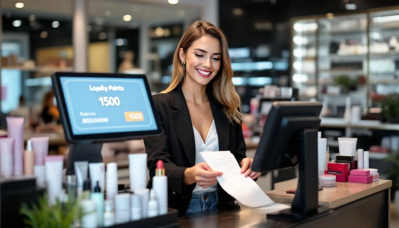 Una cliente está recibiendo sus puntos de fidelización en un sistema POS después de realizar la compra de productos de belleza en un salón. La pantalla del dispositivo muestra la transacción y los puntos acumulados como parte de su experiencia de compra.