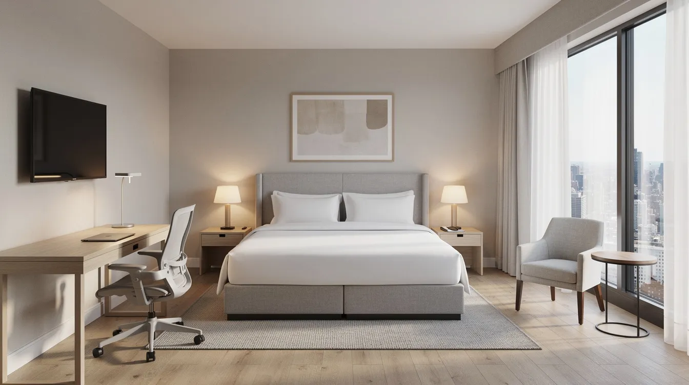 fa2dbb81 c148 43f7 ab1c 176ba3ba371e The image depicts the interior of a modern mid-scale hotel room featuring clean furnishings and ample natural light streaming through large windows, creating a welcoming atmosphere for guests in the hospitality sector. This design reflects the financial health and strategic planning essential for successful hotel business projects.