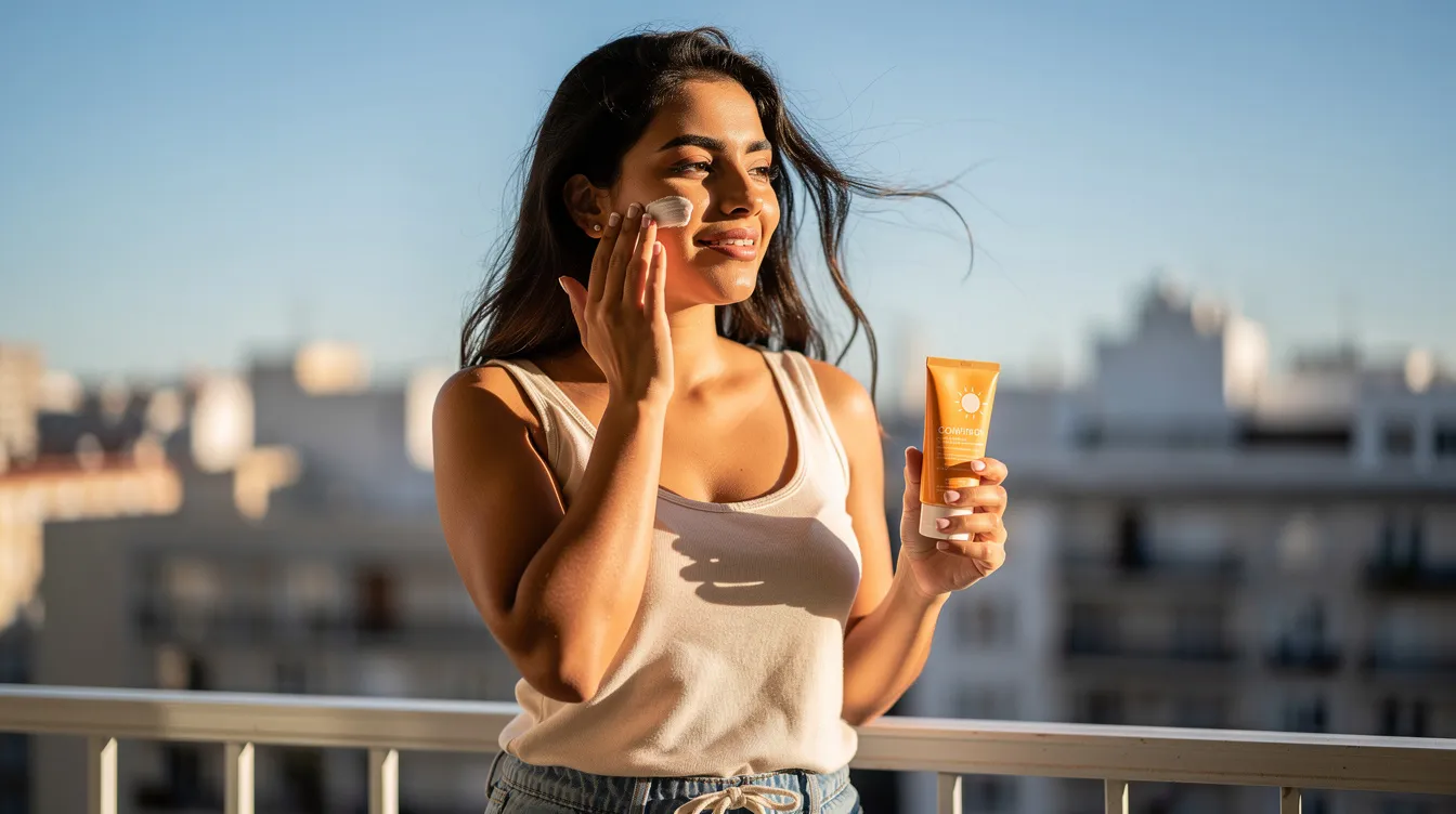 Una mujer está aplicando protector solar en su rostro mientras disfruta de una mañana soleada en un balcón. Este hábito es esencial para cuidar la piel y prevenir problemas como las bolsas en los ojos y las ojeras.