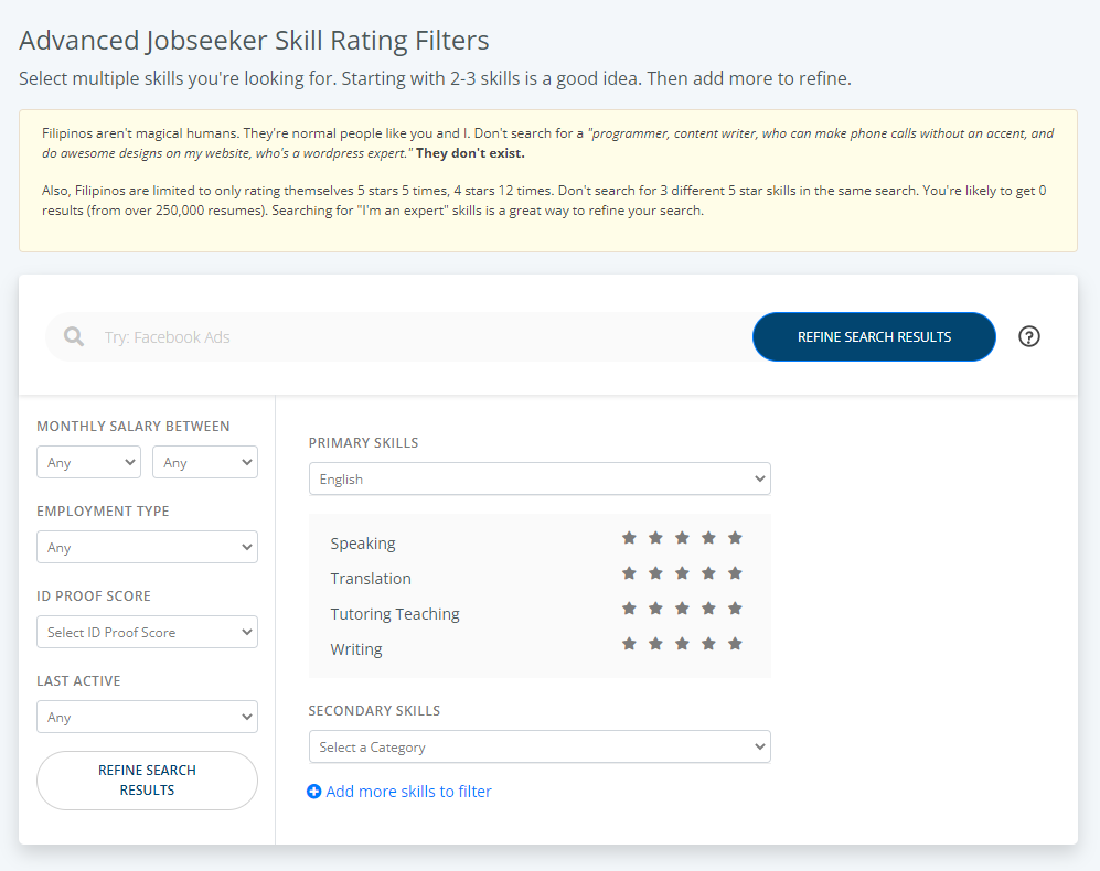 Onlinejobs.ph advanced jobseeker search