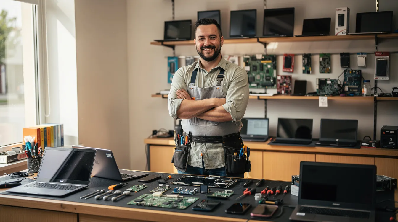 The image depicts a confident small business owner in an electronics repair shop, showcasing a successful atmosphere after securing funding. The owner stands proudly among various tools and devices, symbolizing the potential for growth and success in their business, possibly through financing options like merchant cash advances.