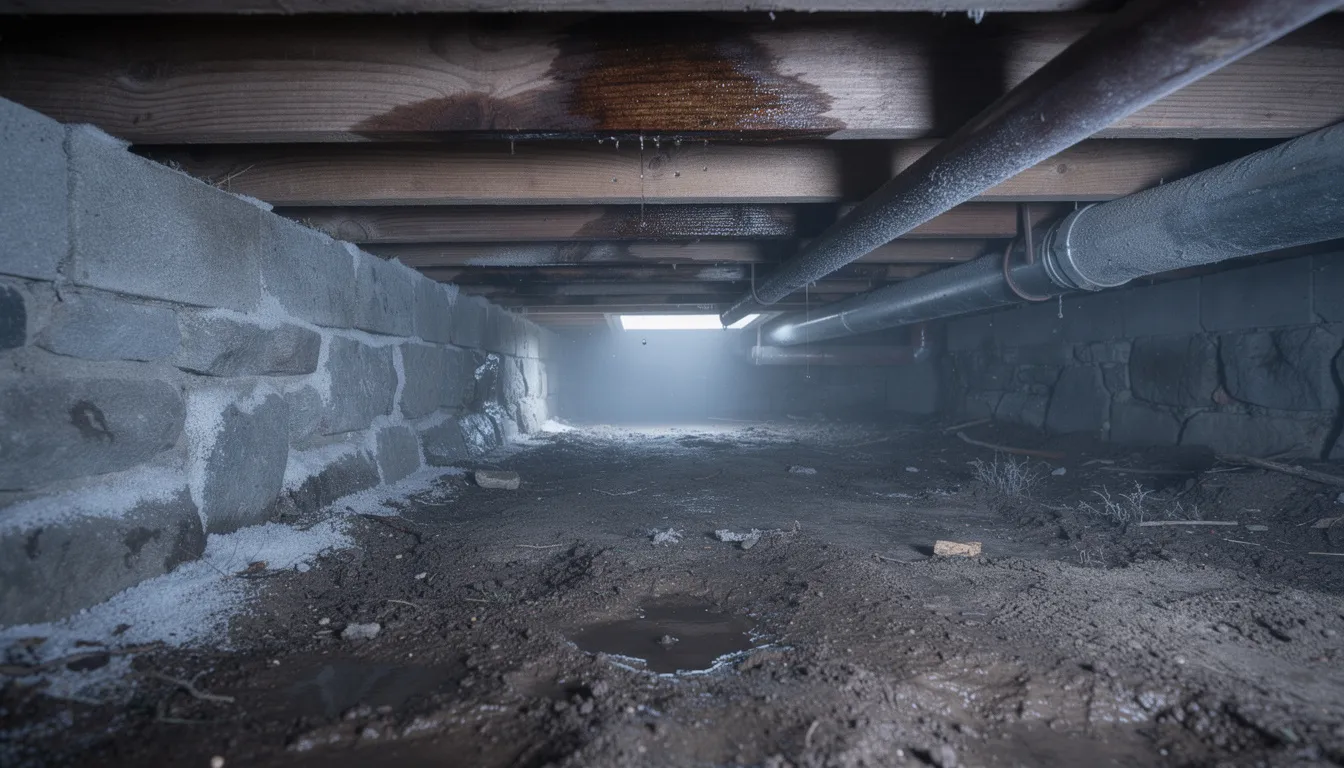 The image depicts a stone foundation crawlspace during winter, with visible moisture accumulating on wooden joists, indicating poor air quality and potential mold growth. This damp environment can promote indoor air pollution, making proper ventilation and air purification essential for maintaining overall air quality.