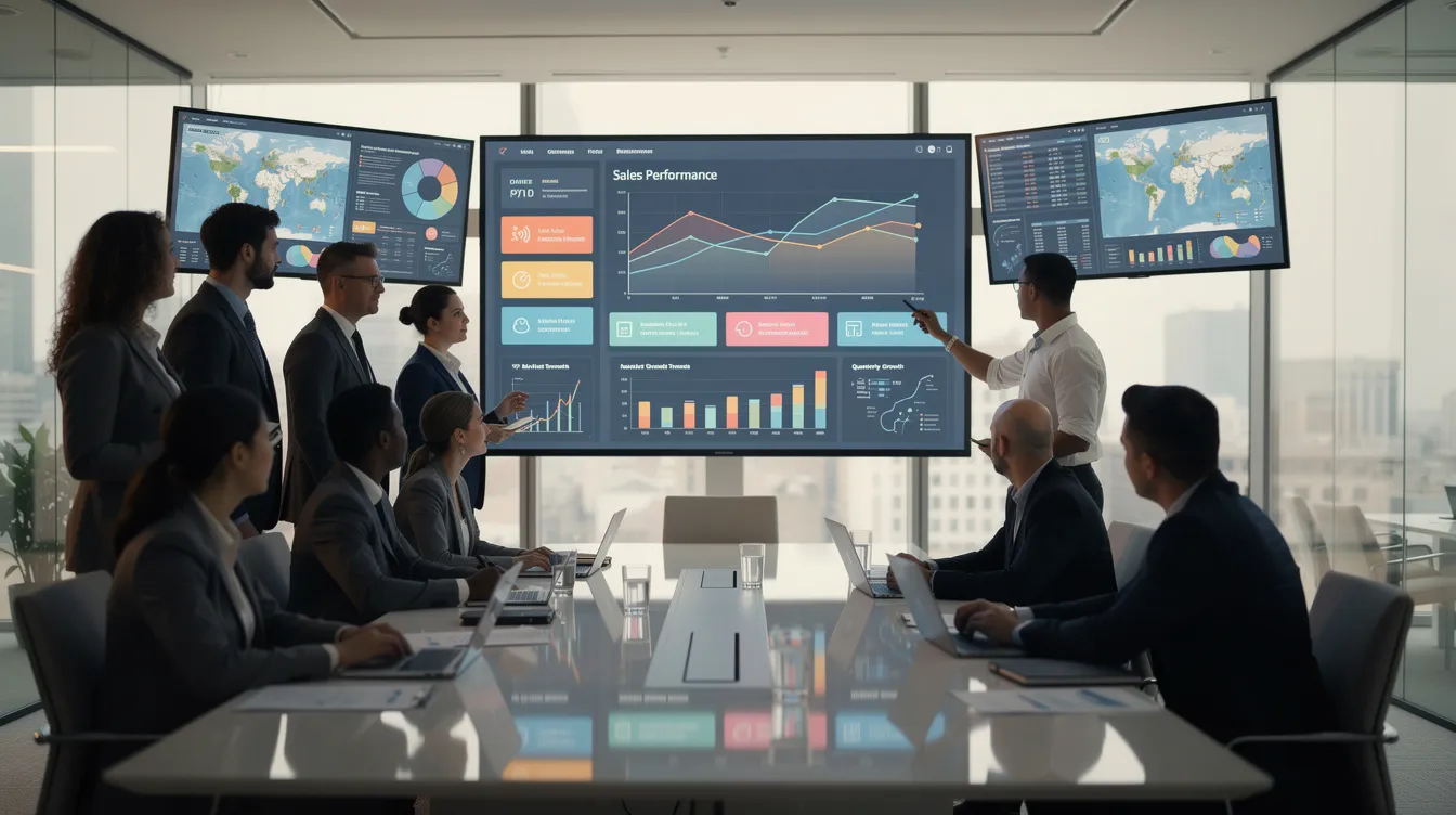 The image depicts a diverse group of business professionals engaged in a discussion while reviewing analytics displayed on large screens, highlighting the importance of addressing the cybersecurity skills gap and the global demand for qualified talent in the cybersecurity workforce. Their collaborative efforts reflect the need for effective hiring practices to bridge the talent shortage in both public and private sectors.