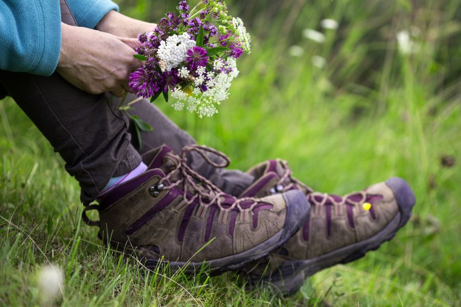 Fashionable Hiking shoes for women matching a flower bouquet