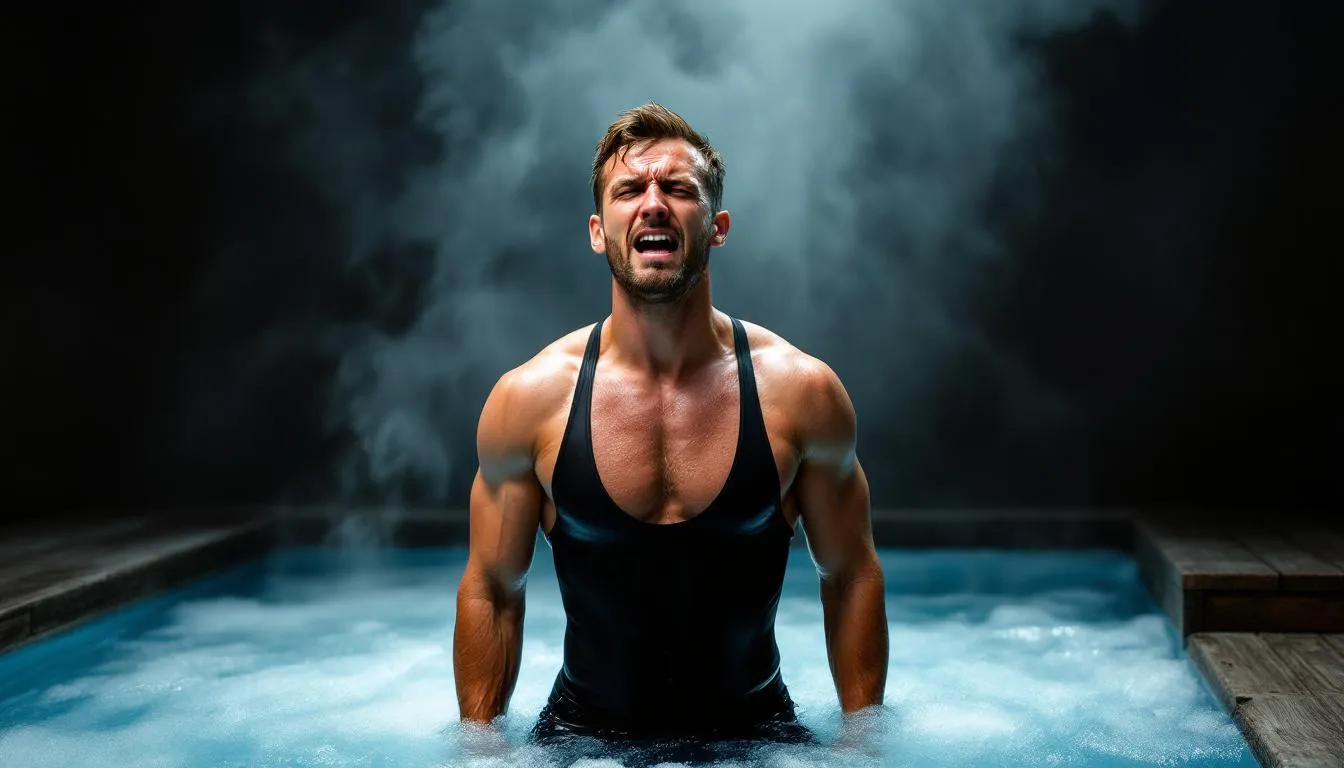 A man is sitting in a cold plunge, experiencing cold water immersion for recovery after intense exercise. This cold therapy aims to reduce inflammation and muscle soreness, providing potential health benefits such as improved blood flow and enhanced athletic performance.