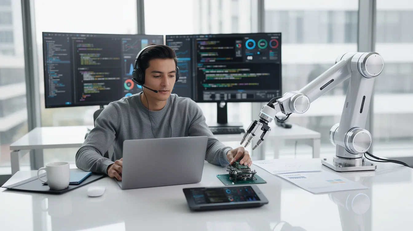 The image depicts a person collaborating with a robotic arm in a sleek, modern digital workspace, illustrating the integration of artificial intelligence in daily tasks. This partnership highlights the potential for improved customer service and efficient handling of complex tasks through advanced AI chatbots and virtual assistants.