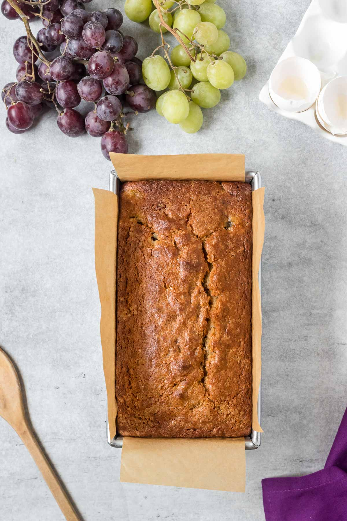 baked grape bread in pan